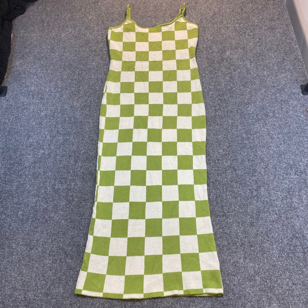 White Green Checkered Knit Long Sweater Dress Large Bodycon Stretch Sleeveless